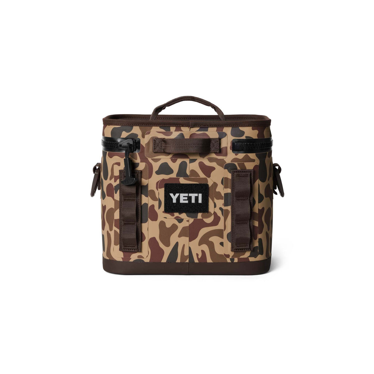 Straight-on front view of YETI Hopper Flip 8 soft cooler in Wetlands Camo with top zipper closed.