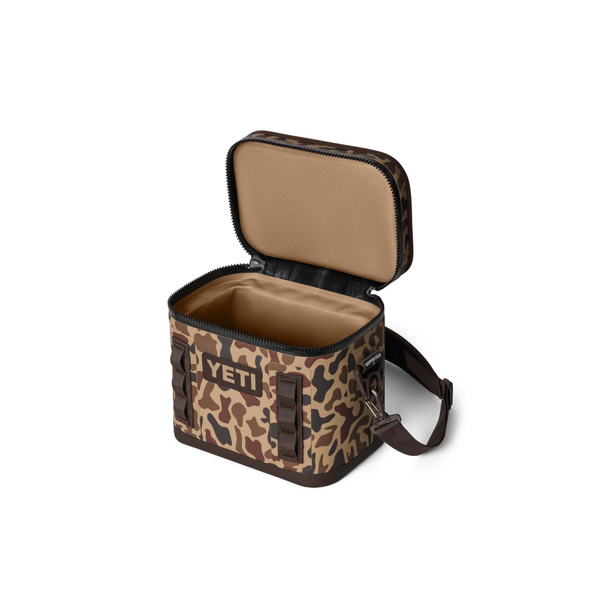 YETI Hopper Flip 8 in Wetlands Camo shown open with tan interior and wide-mouth access.