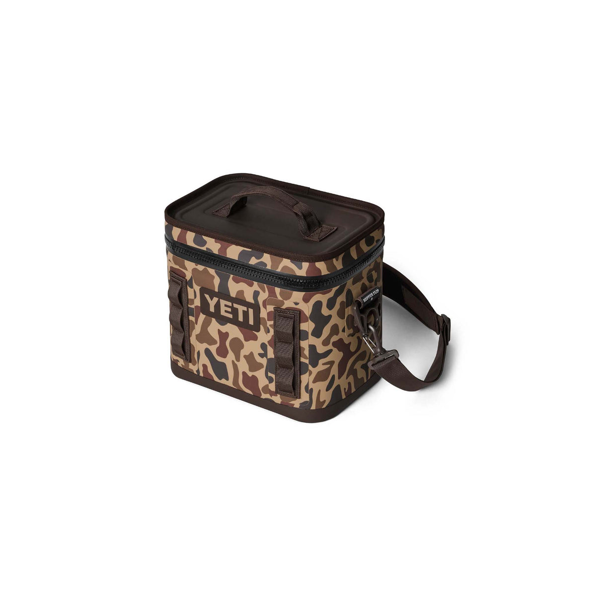 YETI Hopper Flip 8 soft cooler in Wetlands Camo with top handle and closed lid, angled front view.