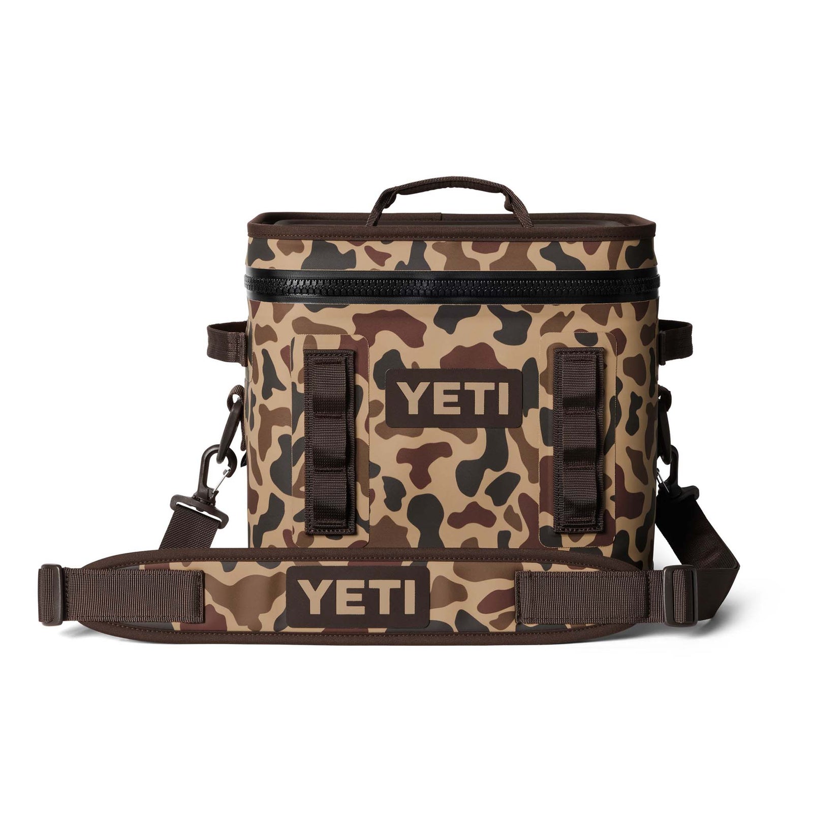 Front-facing view highlighting zipper, handle, and camo pattern.