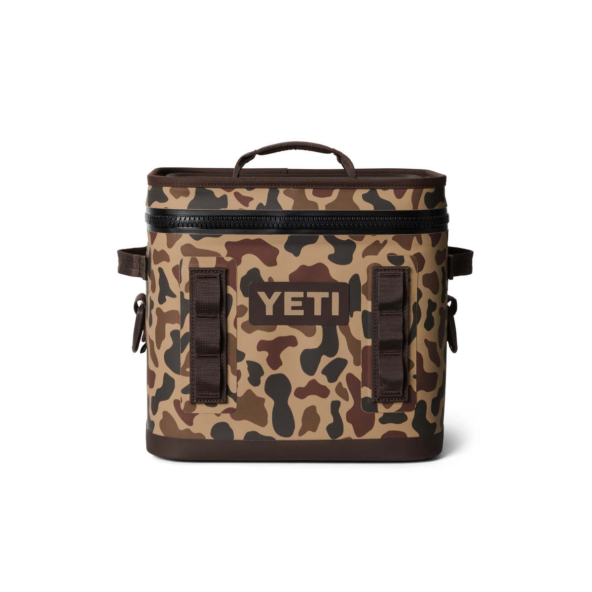 Front view of YETI Hopper Flip 12 cooler in Wetlands Camo with closed zipper and MOLLE attachment.