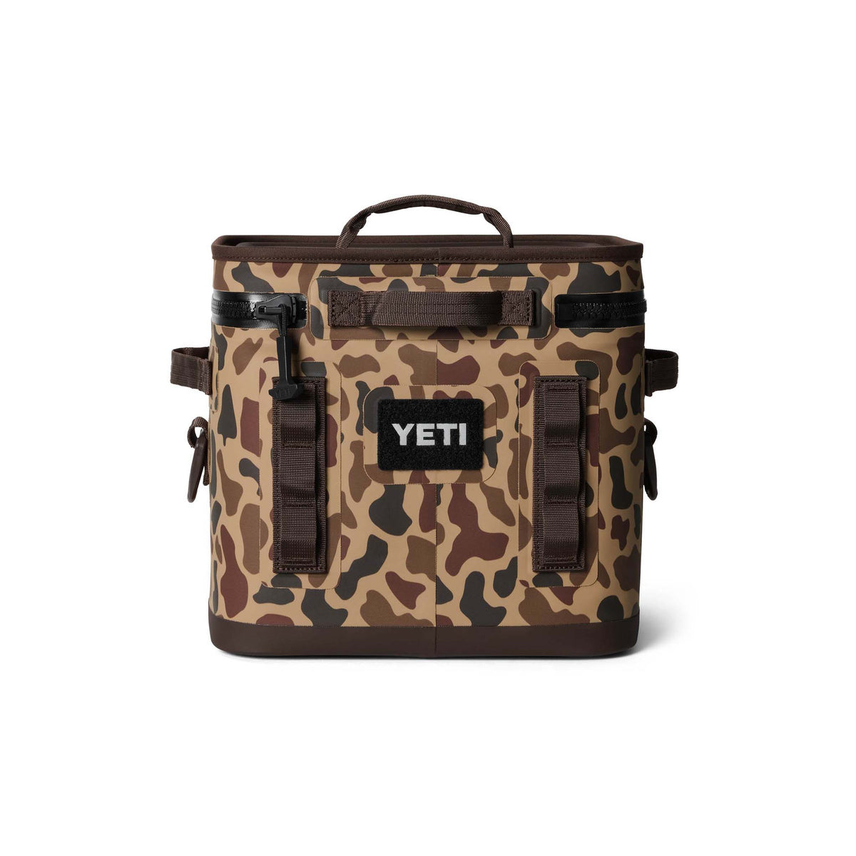 Back view of YETI Hopper Flip 12 cooler in Wetlands Camo with closed zipper and MOLLE attachment.