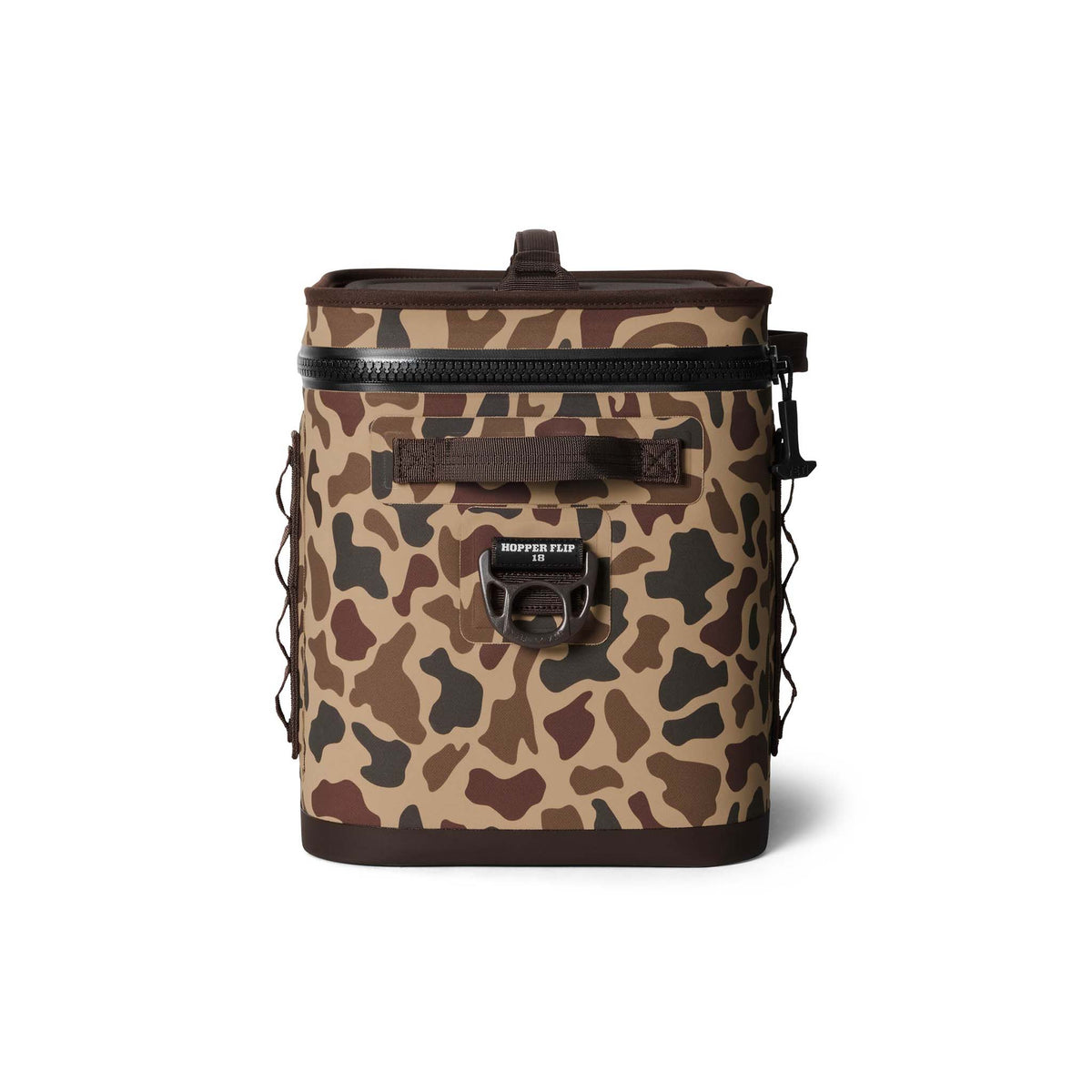 Side view of the YETI Hopper Flip 18 in Wetlands Camo showing the side zipper, handle, and webbing loops.