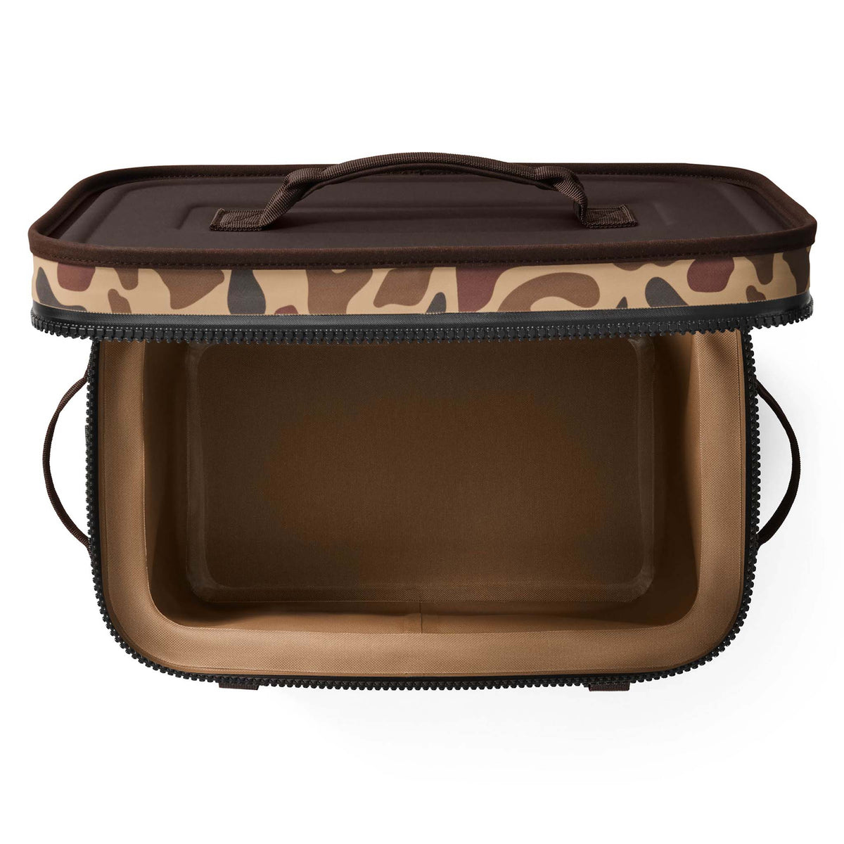 Top-down view of the closed YETI Hopper Flip 18 cooler in Wetlands Camo, showing dark brown molded lid with embossed YETI logo.