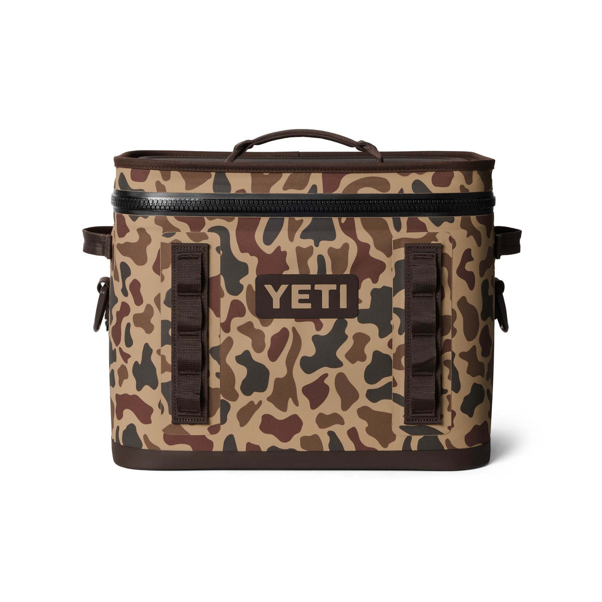 Front view of the YETI Hopper Flip 18 in Wetlands Camo with visible YETI logo and dual gear attachment loops.