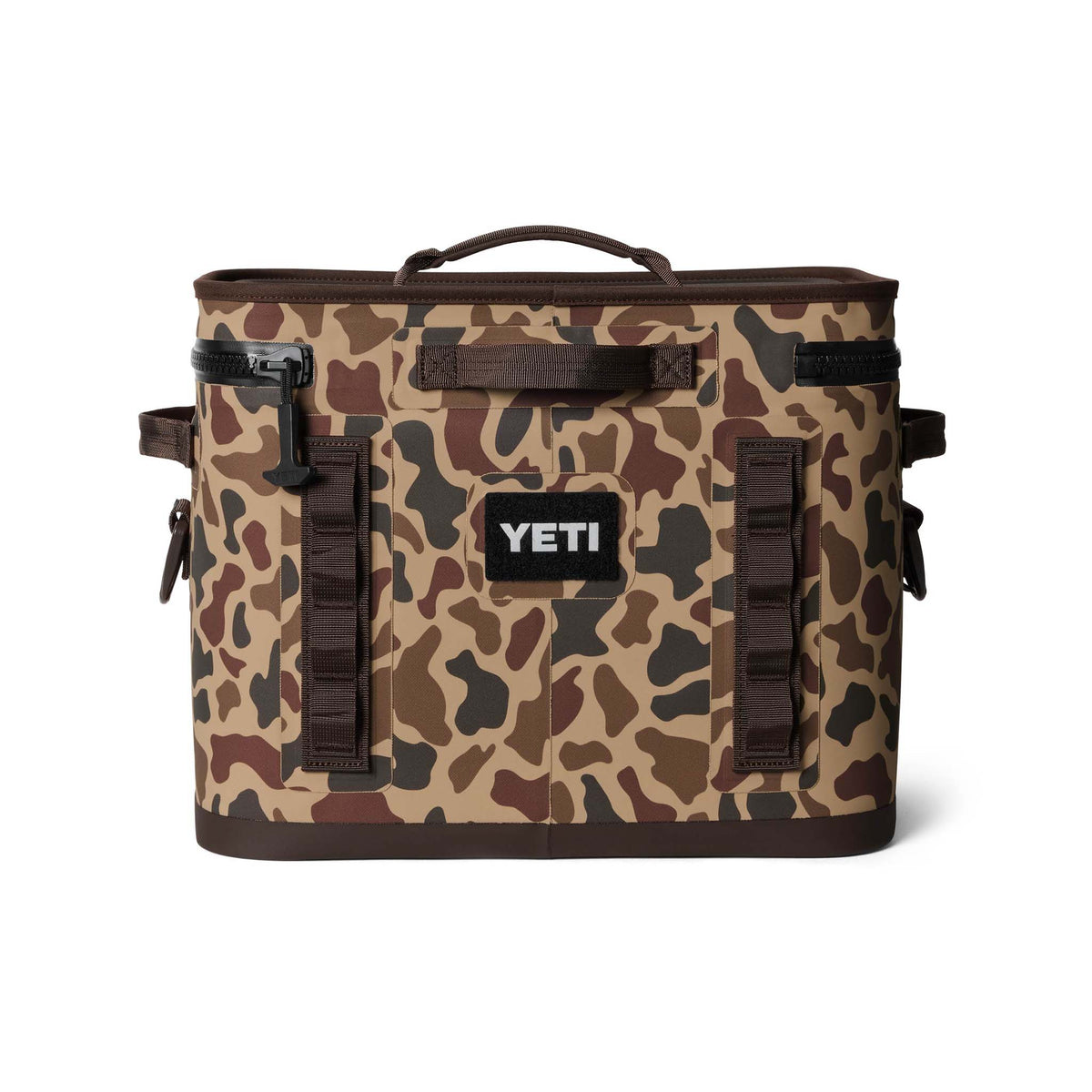Back view of the YETI Hopper Flip 18 in Wetlands Camo featuring a zipper closure and top handle.