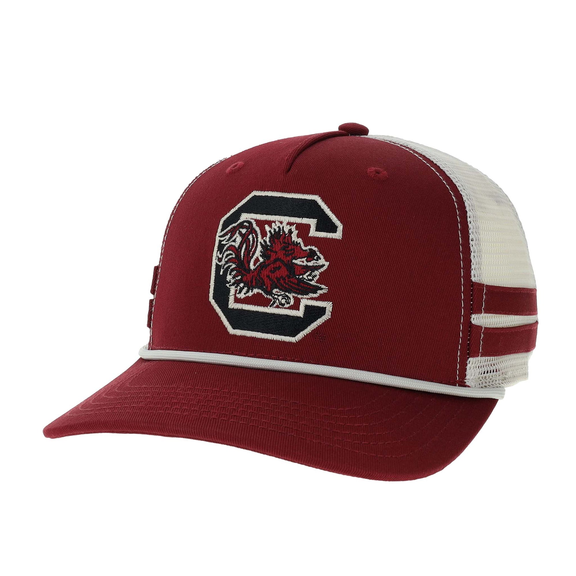 Garnet South Carolina Gamecocks trucker hat with embroidered “C” logo and Gamecock mascot, white mesh back, and rope detail on the brim.