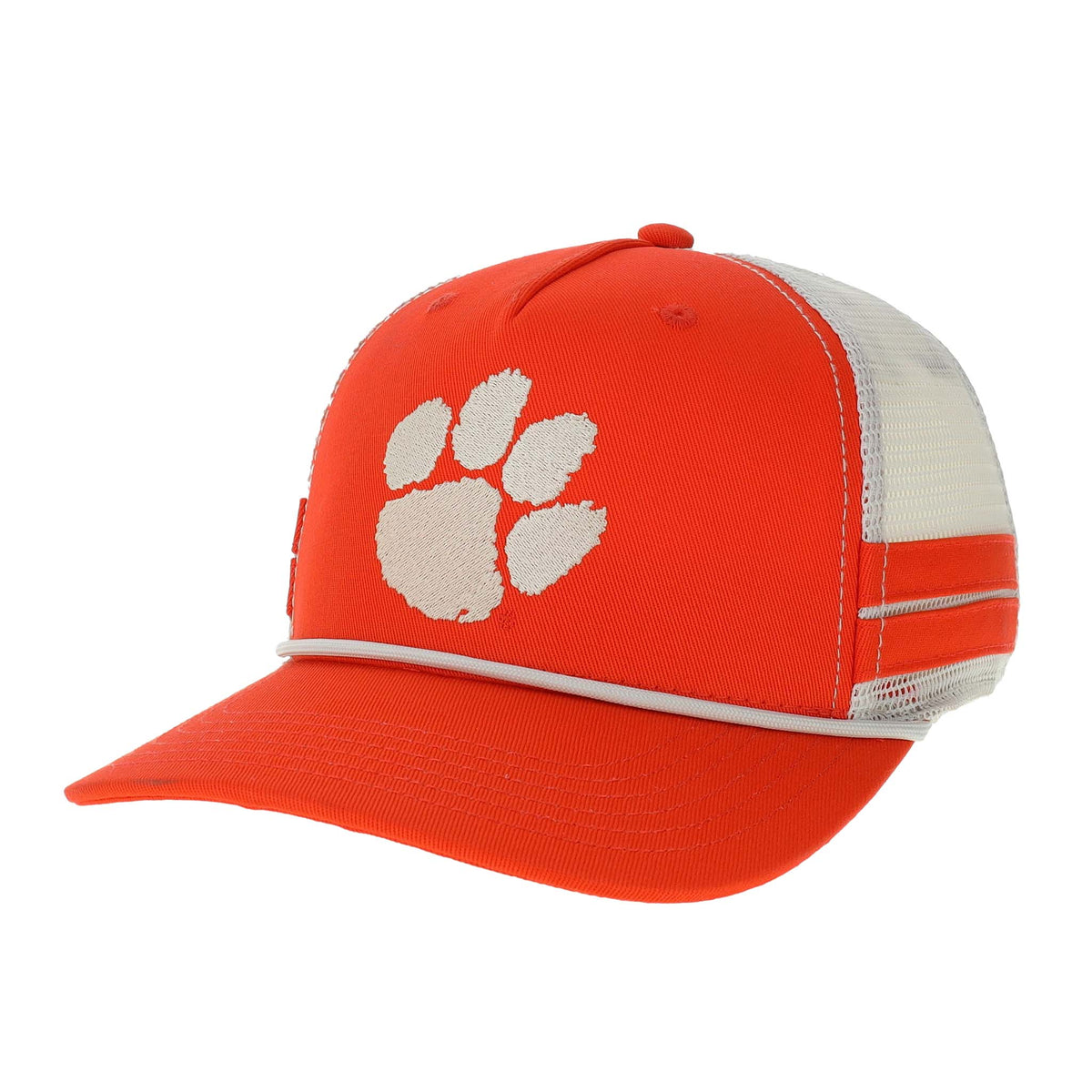 Orange Clemson Tigers trucker hat with embroidered white paw logo, white mesh back panels, and rope detail on the brim.