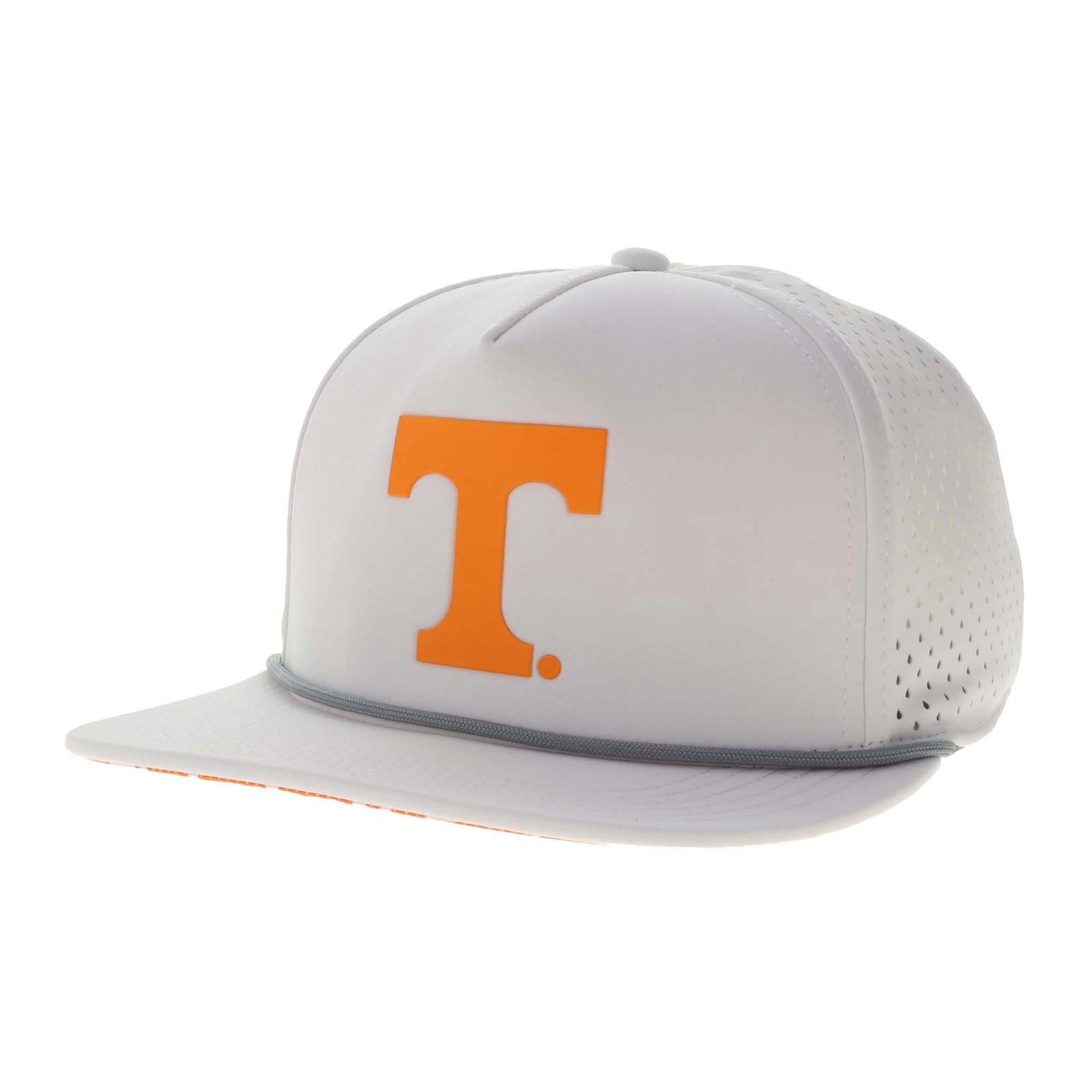 White Tennessee performance hat with orange “T” logo, perforated side panels, and rope detail on the brim.