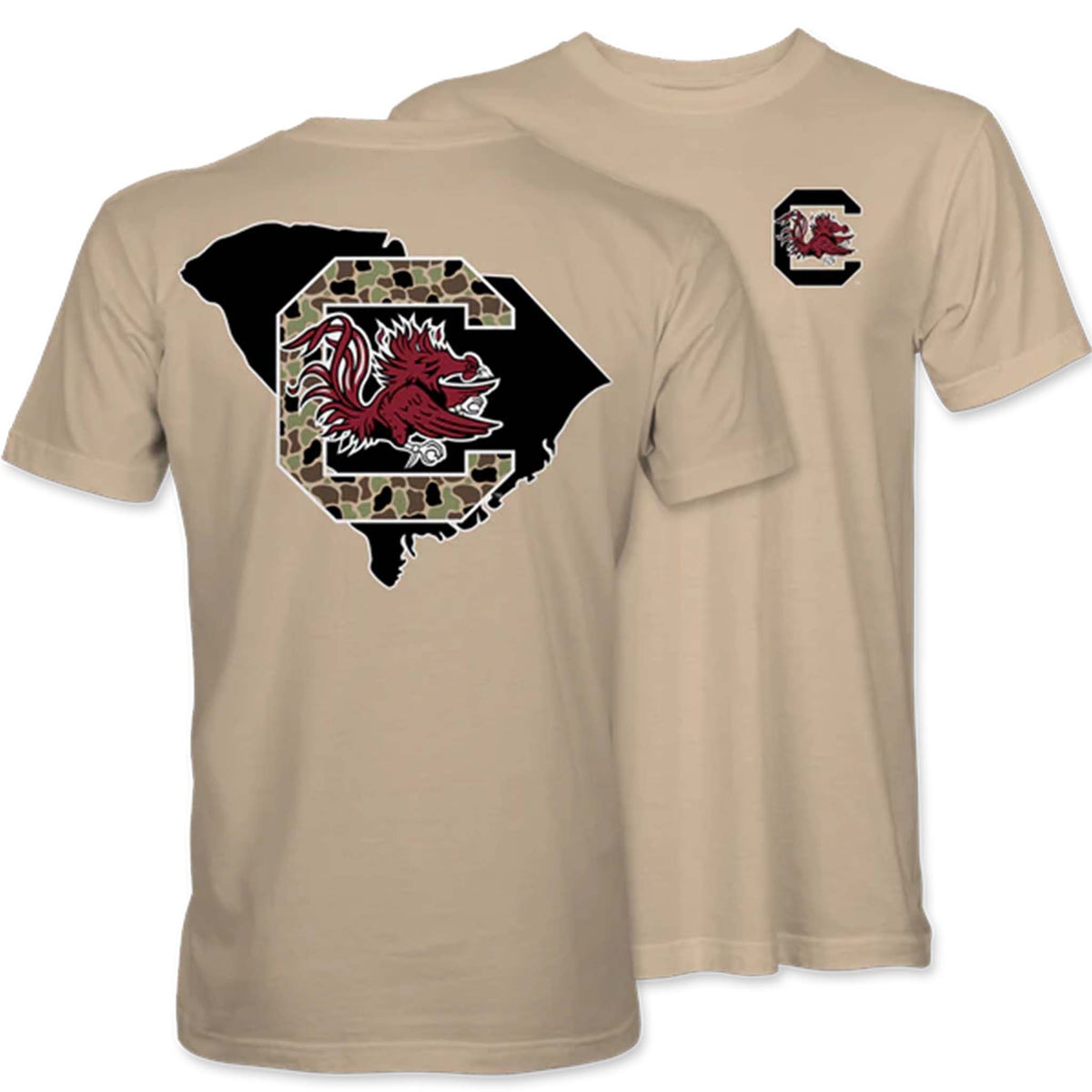 Tan short sleeve t-shirt with camo-print USC logo over black South Carolina state outline on back. Front features small matching USC logo on left chest.