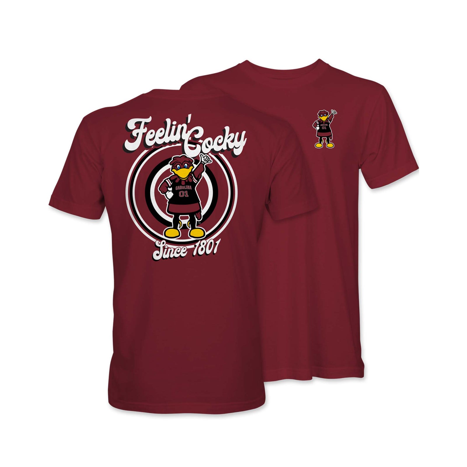Maroon USC youth t-shirt with a graphic design of Cocky the mascot and a slogan that says "Feelin' Cocky".
