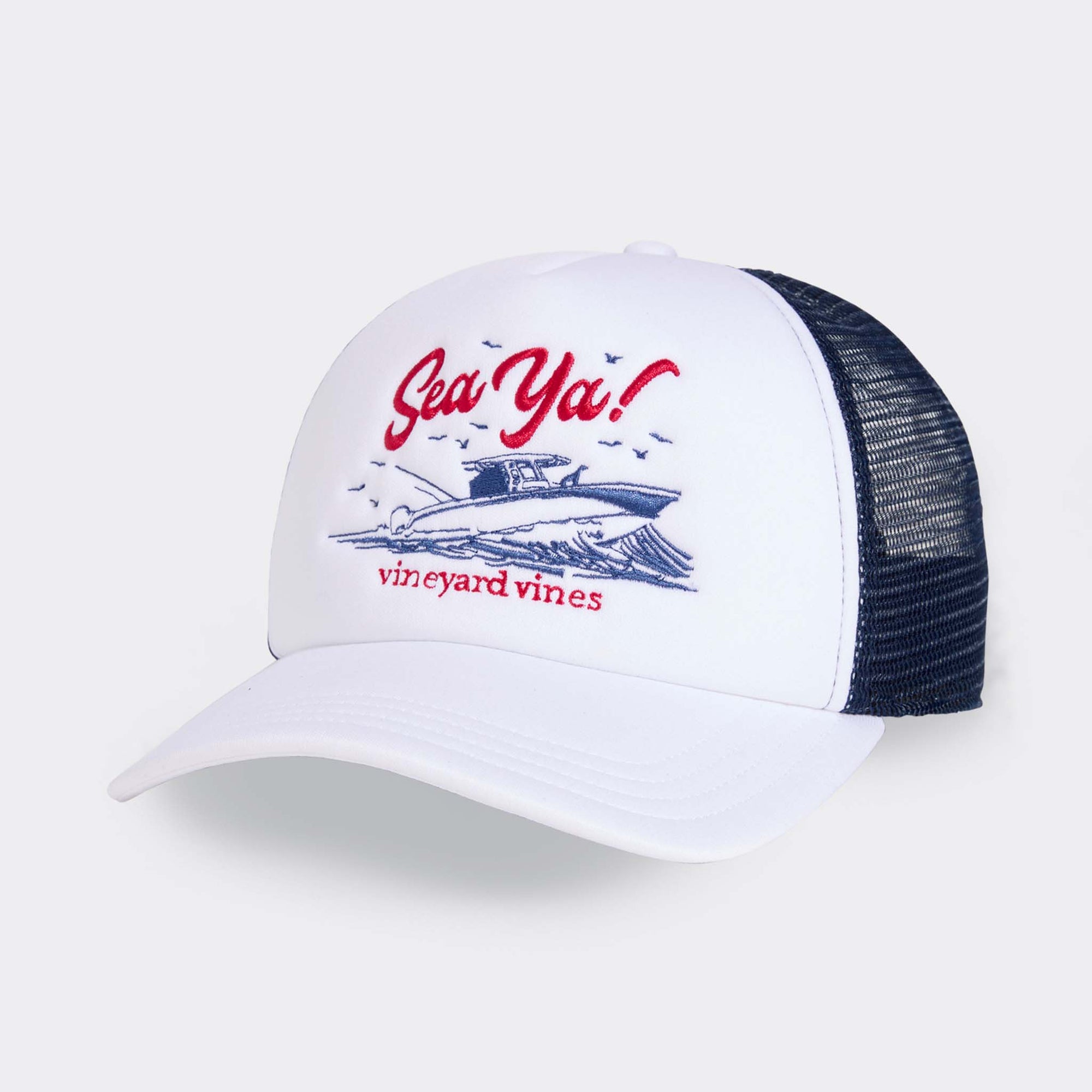 White and navy trucker hat with 'Sea Ya!' and vineyard vines logo on a white background
