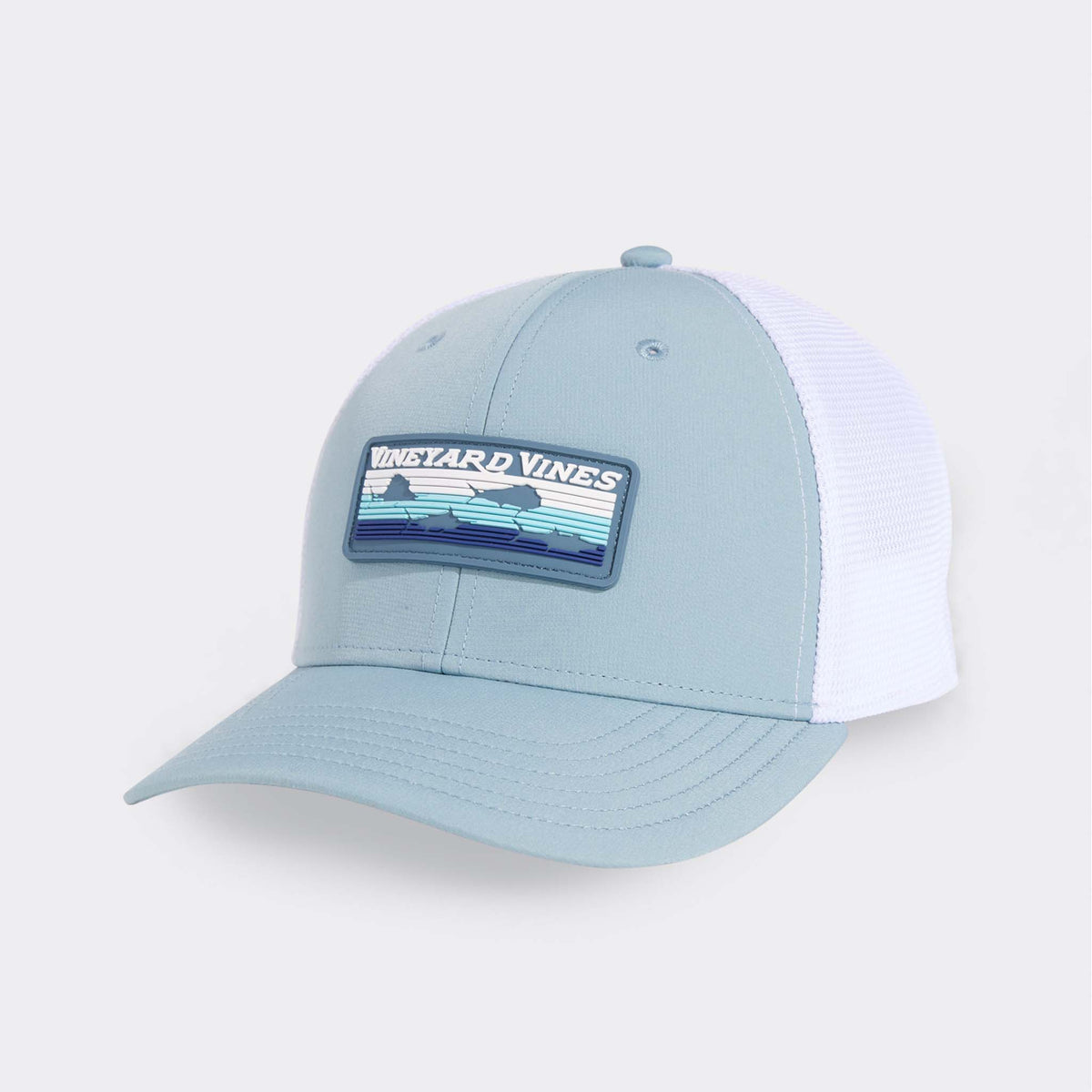 Light blue cap with a white brim and a logo on a light gray background