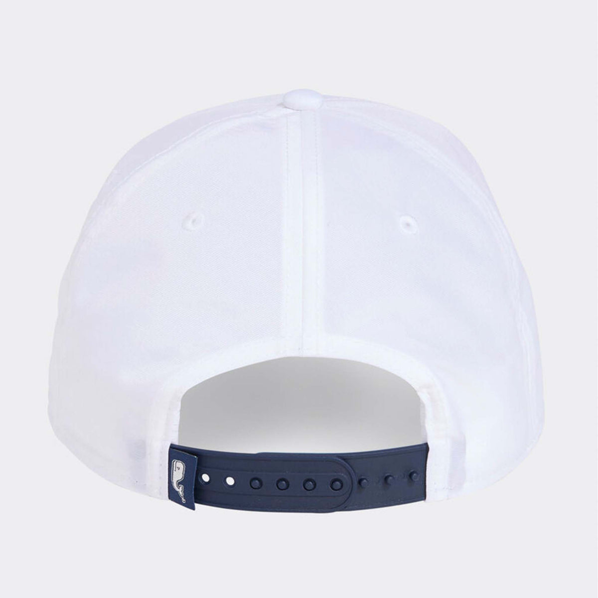 Vineyard Vines Dog Patch Trucker Hat in Stone with white crown, tan bill, and adjustable navy snapback closure.