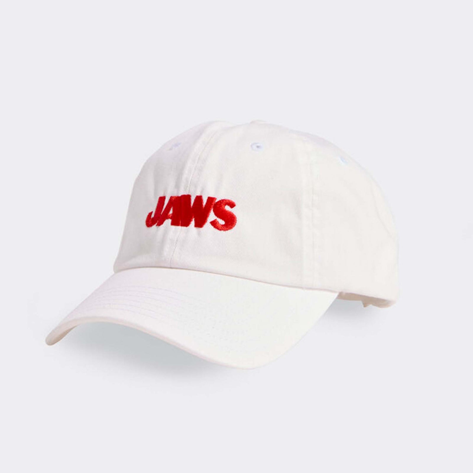 White Vineyard Vines baseball cap with bold red embroidered “JAWS” logo on the front, shown from an angled view.