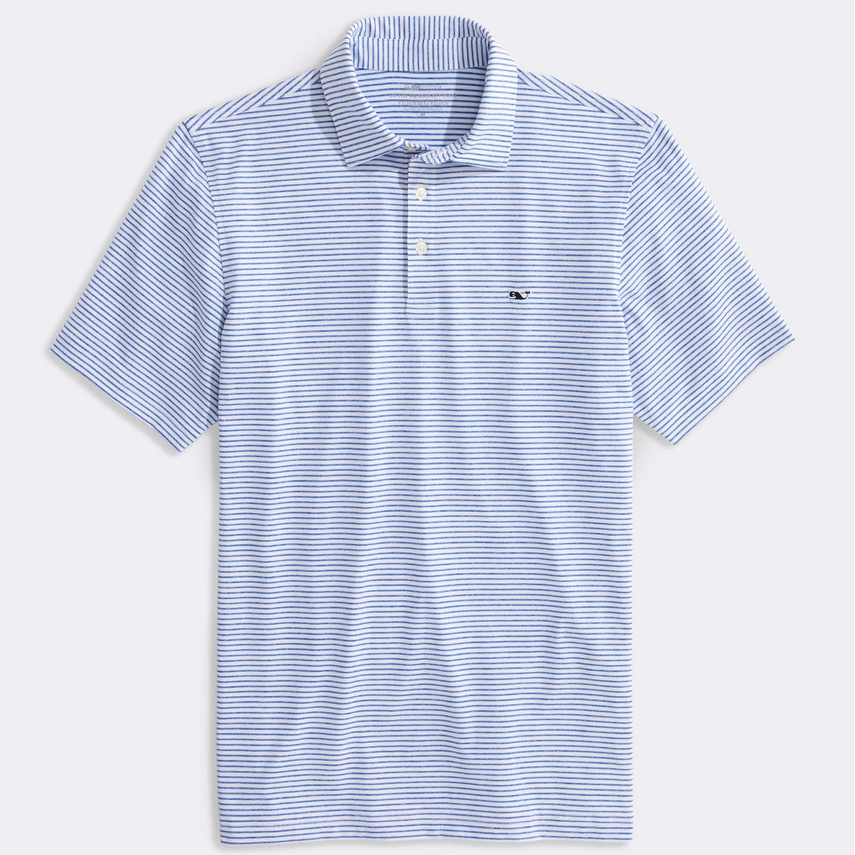 Blue and white striped polo shirt on a light gray background