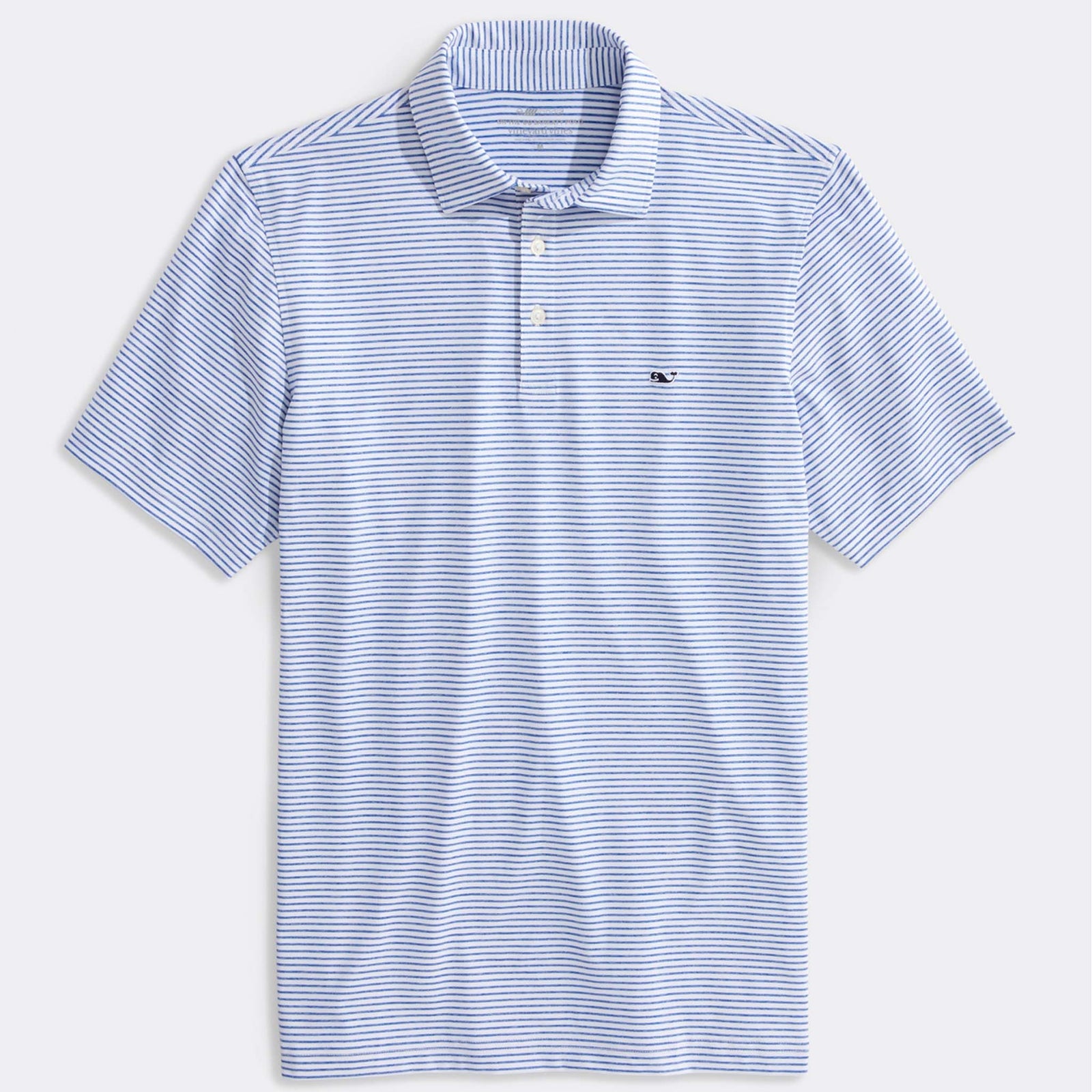 Blue and white striped polo shirt on a light gray background