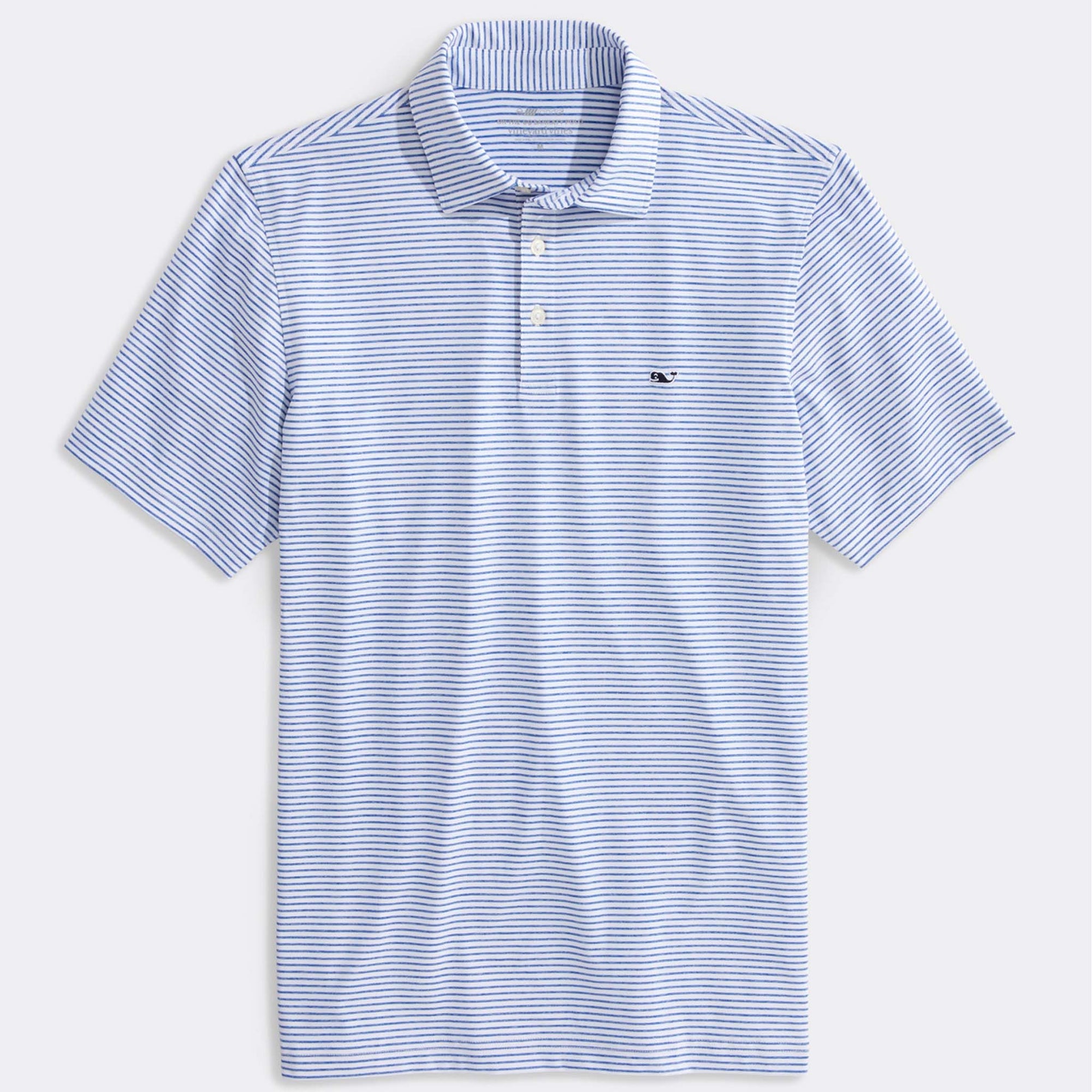 Blue and white striped polo shirt on a light gray background