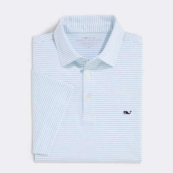 Front View - Vineyard Vines Men's Short Sleeve Polo Shirt, color white and light blue stripes, Vineyard Vines logo on left chest.