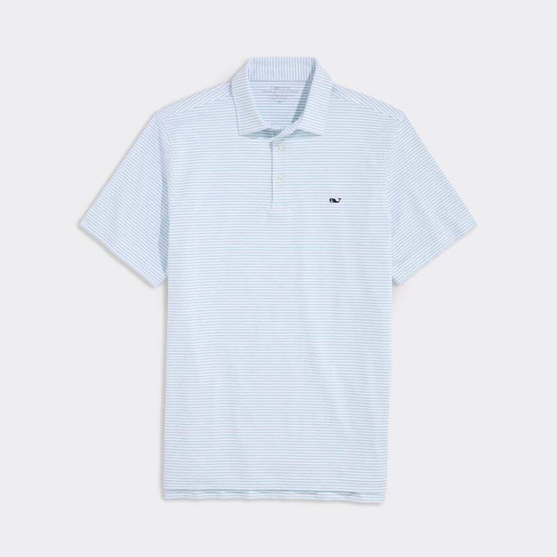 Front View - Vineyard Vines Men's Short Sleeve Polo Shirt, color white and light blue stripes, Vineyard Vines logo on left chest.
