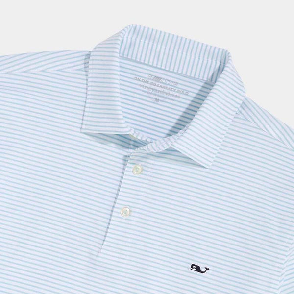 Close up view of front - Vineyard Vines Men's Short Sleeve Polo Shirt, color white and light blue stripes, Vineyard Vines logo on left chest.