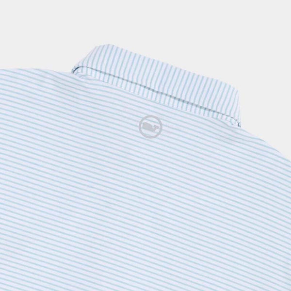 Back close-up view - Vineyard Vines Men's Short Sleeve Polo Shirt, color white and light blue stripes, discreet Vineyard Vines logo on top middle by collar