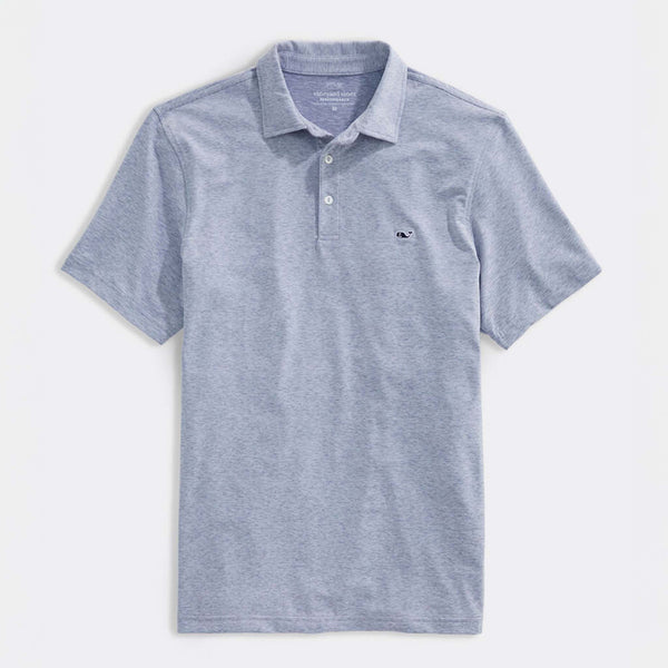 Vineyard Vines Men's Short Sleeve Polo in Hammerhead, sizes S-XXL. Flat lay of the polo showing full front view, short sleeves, and subtle micro-stripe pattern. Color is a muted blue.