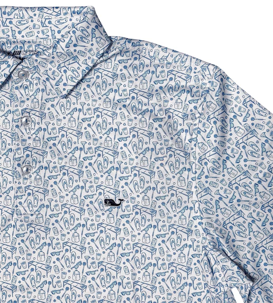Vineyard Vines Performance Printed Sankaty Polo with small blue icons throughout and a white background