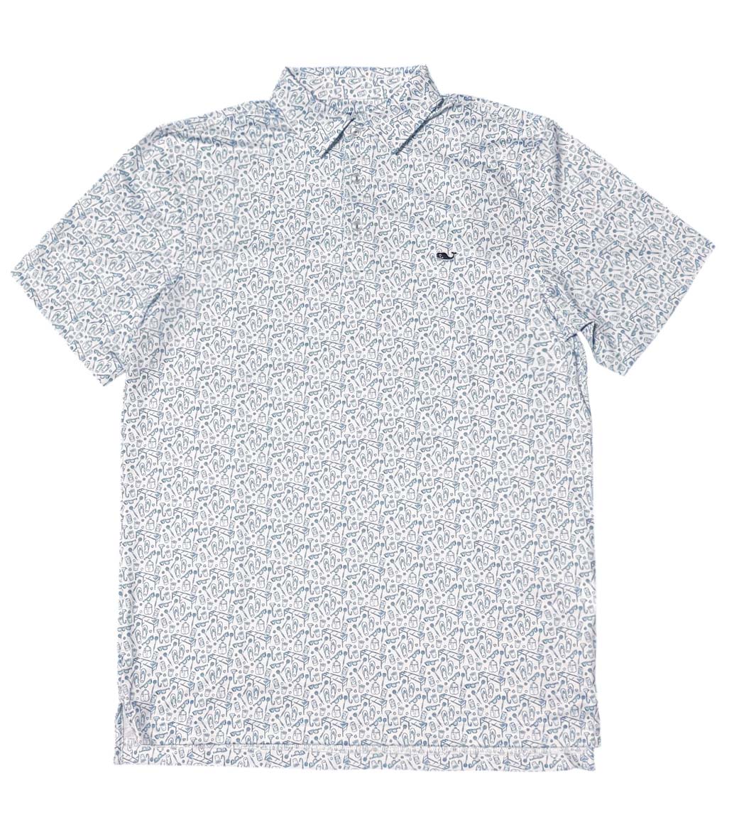Vineyard Vines Performance Printed Sankaty Polo with small blue icons throughout and a white background