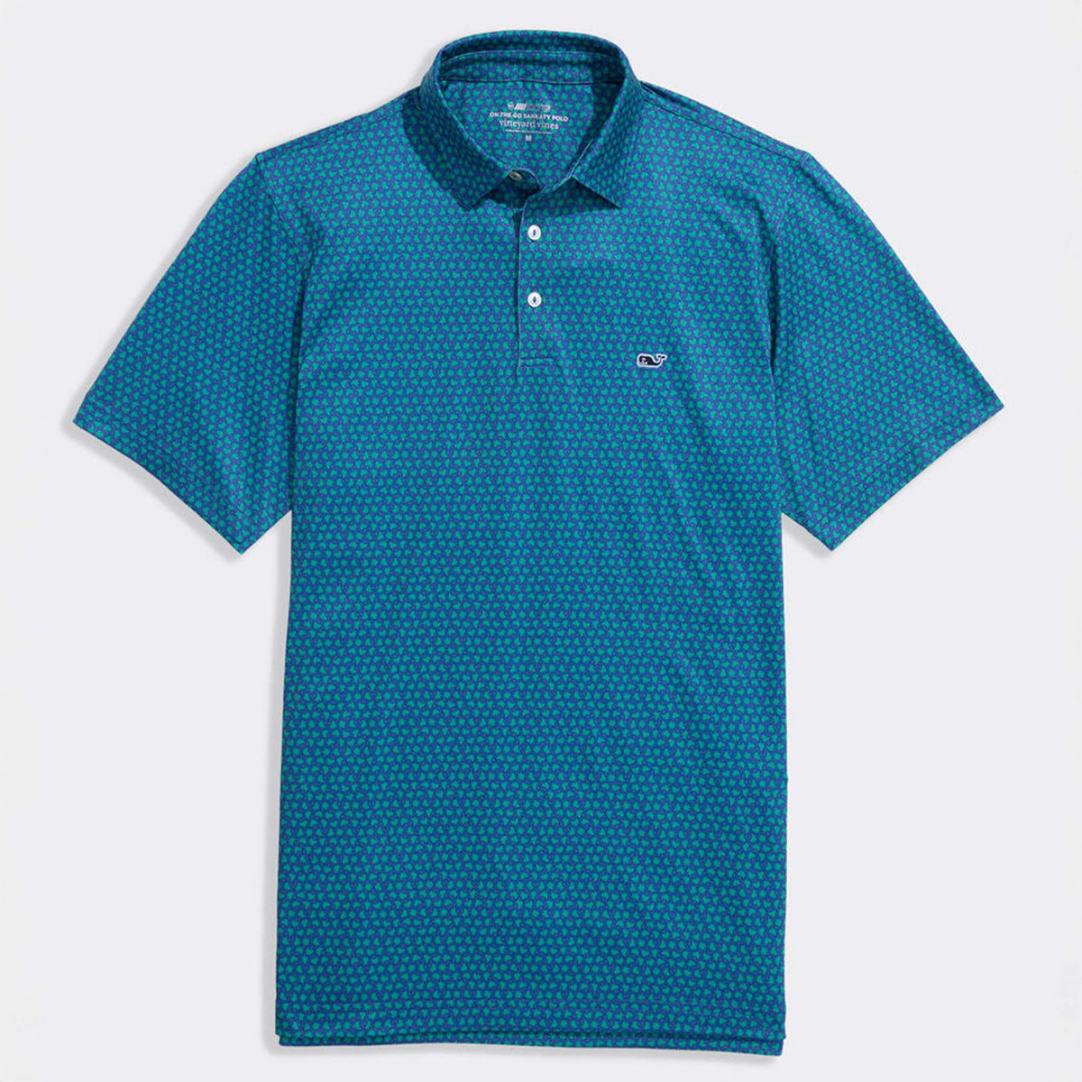 Vineyard Vines On-The-Go Sankaty Polo in Micro Clover Moonshine shown laid flat, short sleeves, three-button placket, and allover clover pattern.
