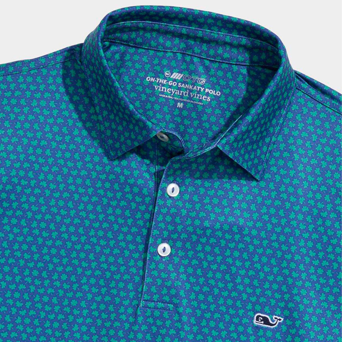 Vineyard Vines On-The-Go Sankaty Polo in Micro Clover Moonshine with close-up of collar, button placket, and embroidered whale logo on chest.