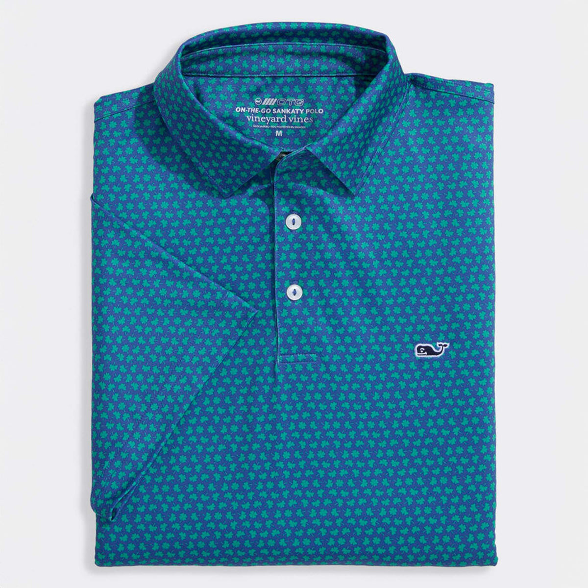 Vineyard Vines On-The-Go Sankaty Polo in Micro Clover Moonshine folded view highlighting collar shape, buttons, and clover print pattern.