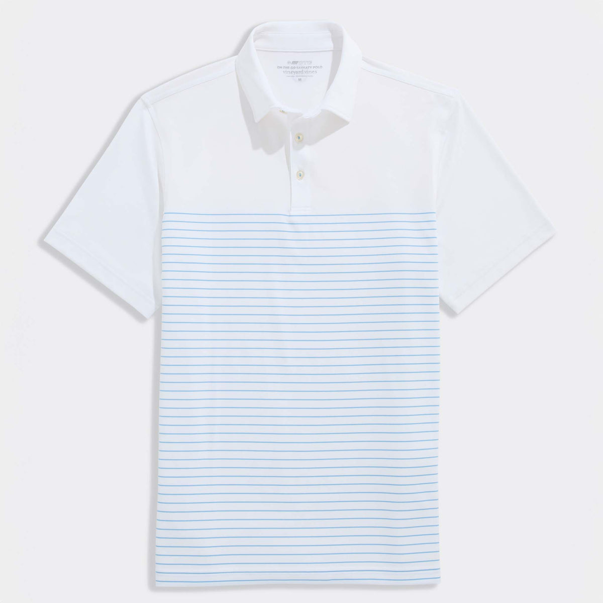 White polo shirt with light blue striped pattern on a white background