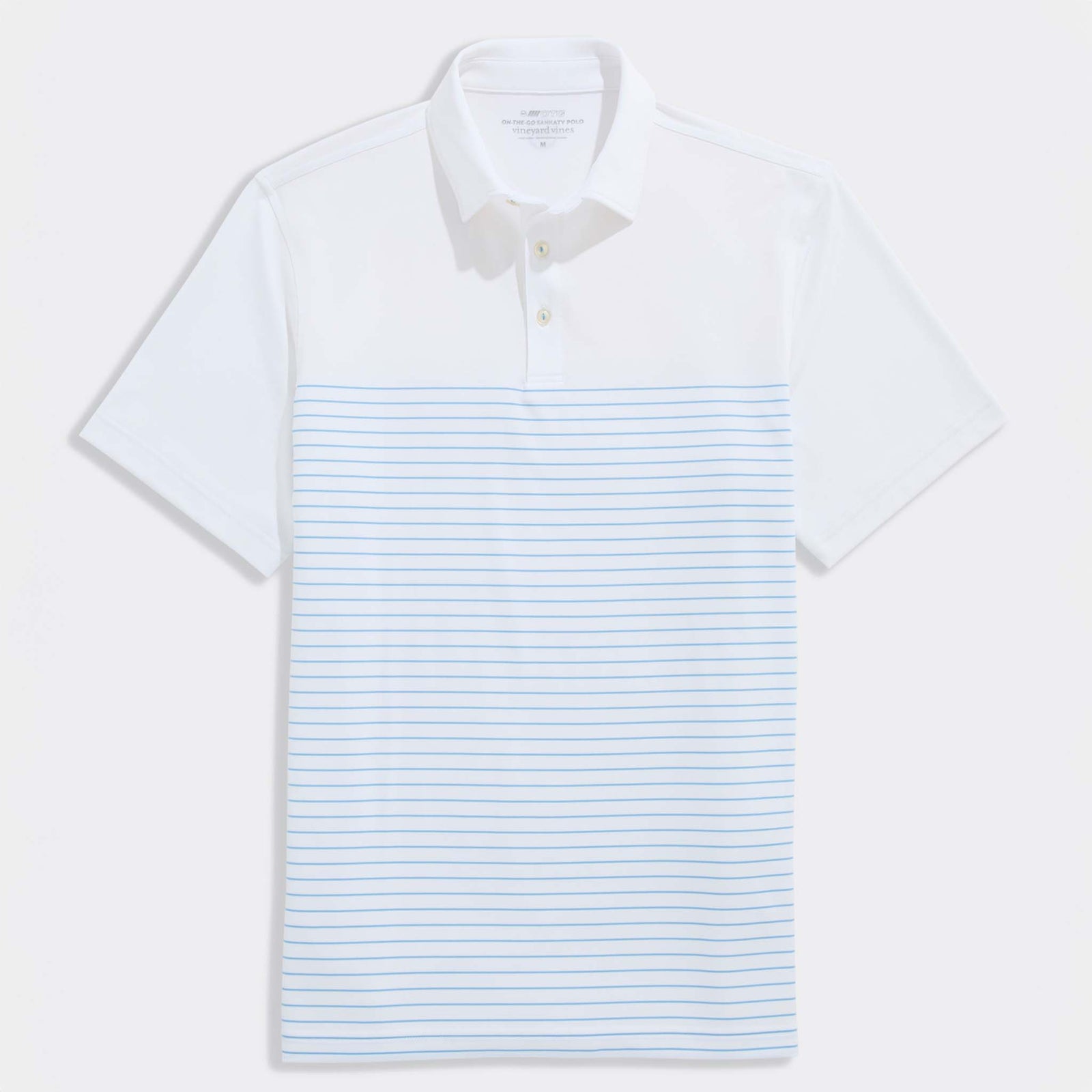 White polo shirt with light blue striped pattern on a white background