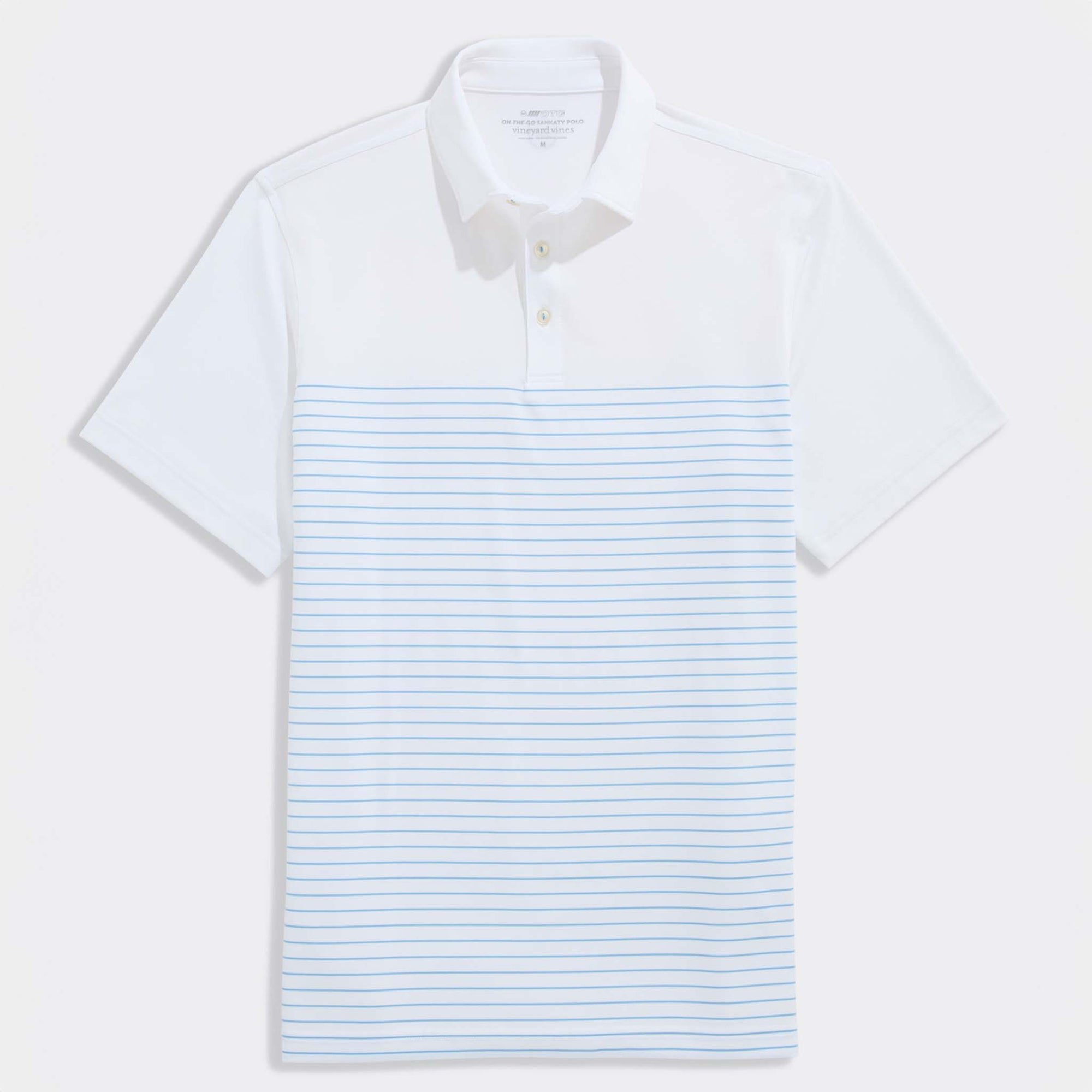 White polo shirt with light blue striped pattern on a white background