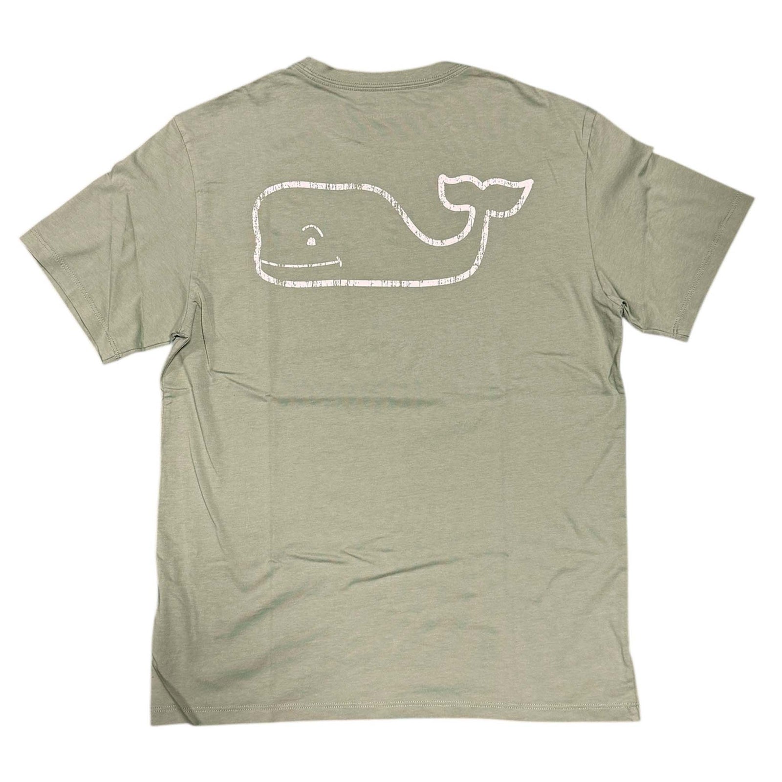 Olive green t-shirt with a white whale graphic on the back against a white background