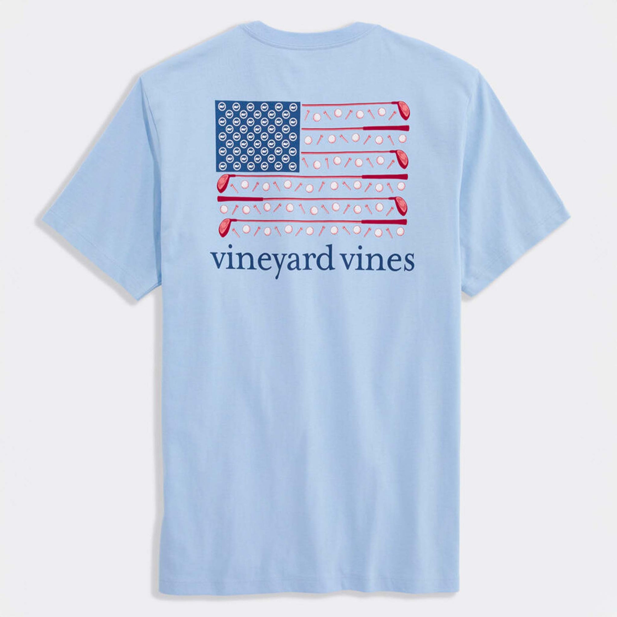 Light blue t-shirt with American flag design and 'vineyard vines' logo on a white background