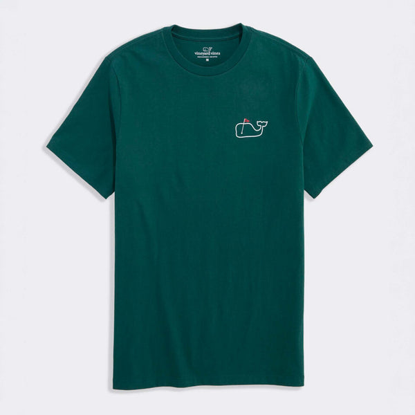 Green t-shirt with a small logo on a light gray background