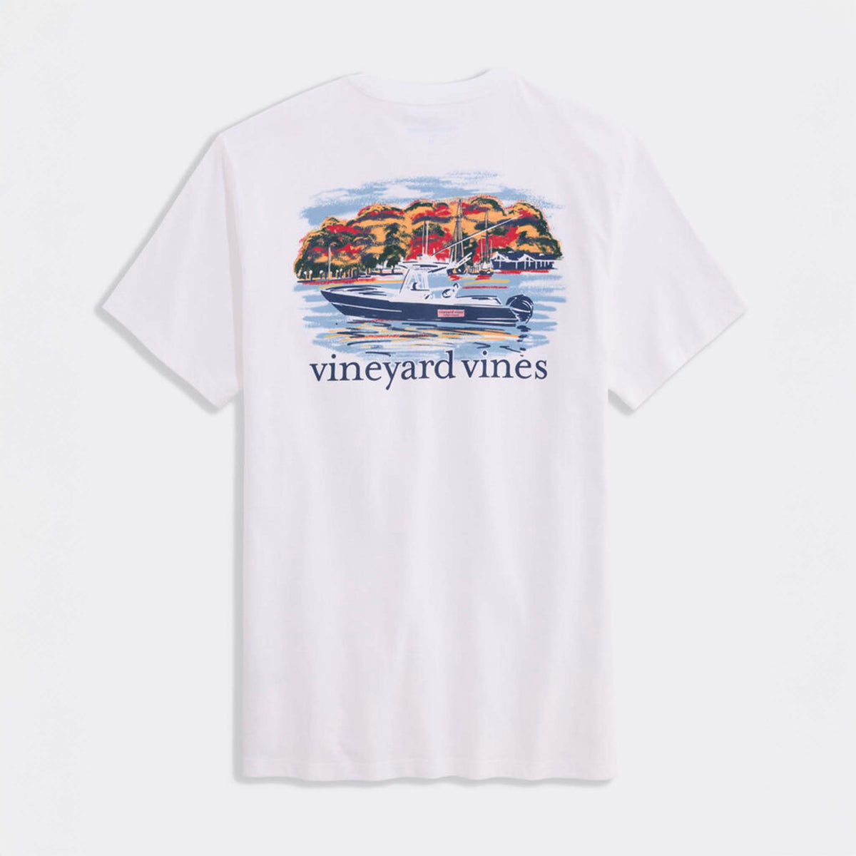 Back view of white Vineyard Vines t-shirt with large boating scene graphic of a navy vessel on the water and colorful trees in the background.