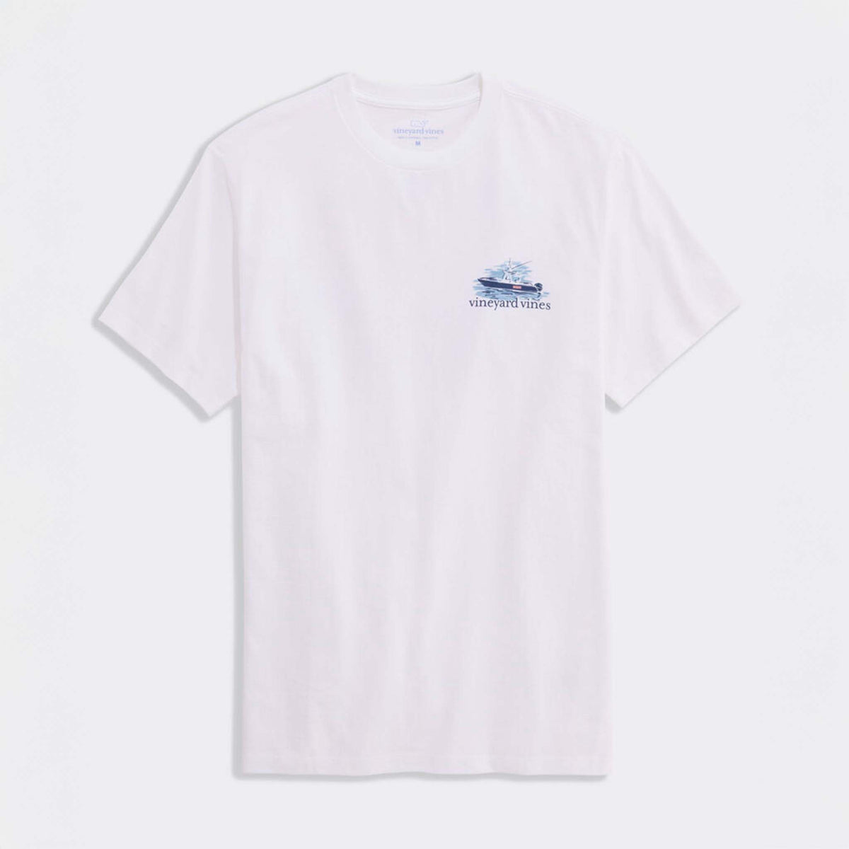 Front view of white Vineyard Vines short sleeve pocket t-shirt with small boat graphic and logo on pocket.