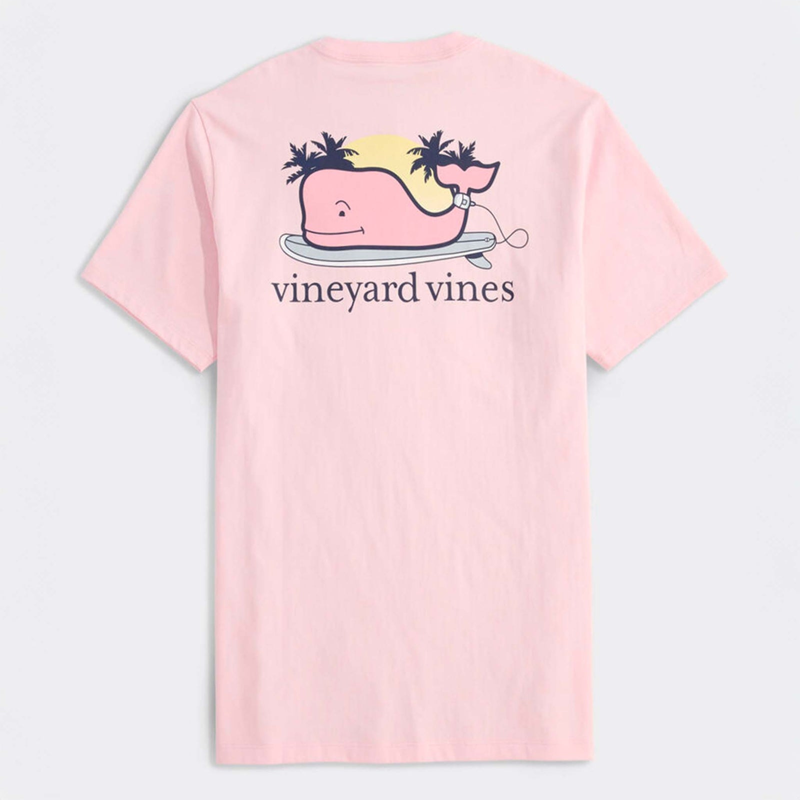 Full back view of Vineyard Vines pink tee with large pink whale surfboard graphic and vineyard vines text.