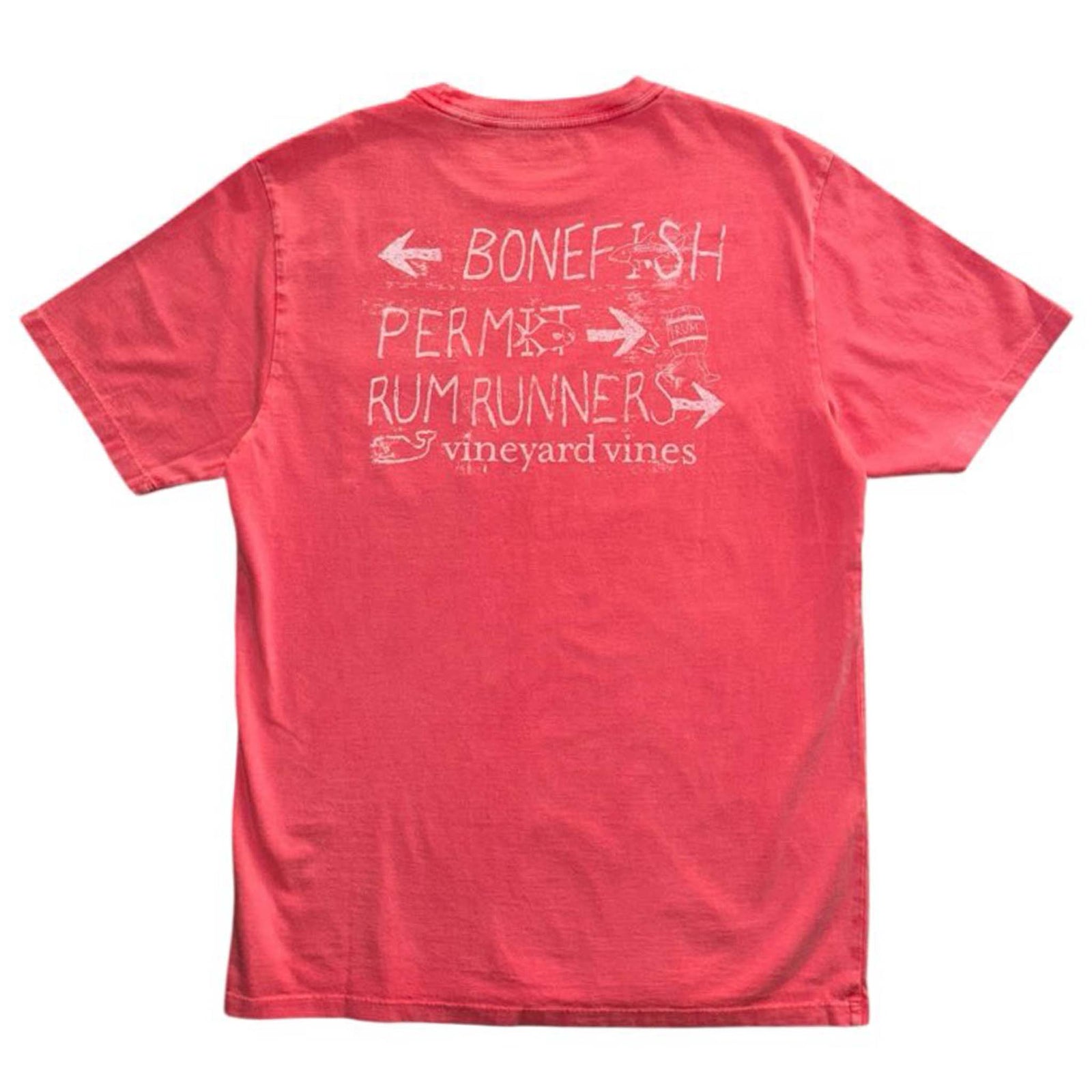 Back of Vineyard Vines short sleeve t-shirt in Sailors Red with white graphic featuring arrows and text reading “Bonefish,” “Permit,” and “Rum Runners.”