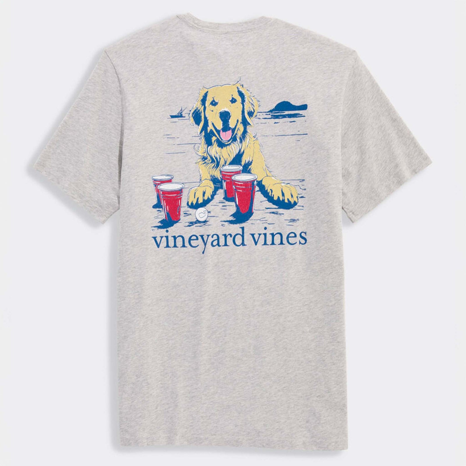 Back of Vineyard Vines Dog Graphic T-Shirt in Grey Heather with large graphic of golden retriever on the beach surrounded by red cups and a ping pong ball.
