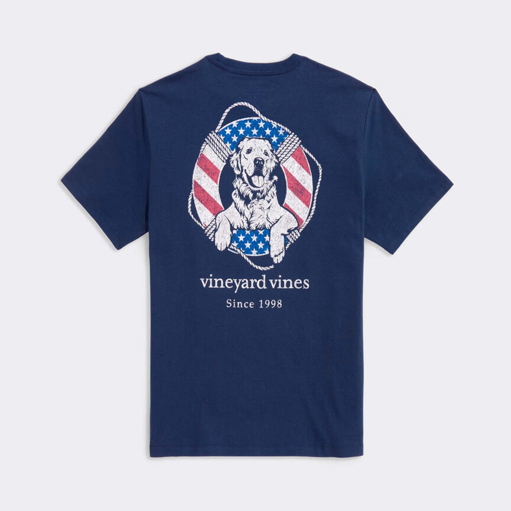Back view of the navy Vineyard Vines t-shirt. The back features a large graphic of a golden retriever inside a red, white, and blue life preserver with "vineyard vines Since 1998" text below.