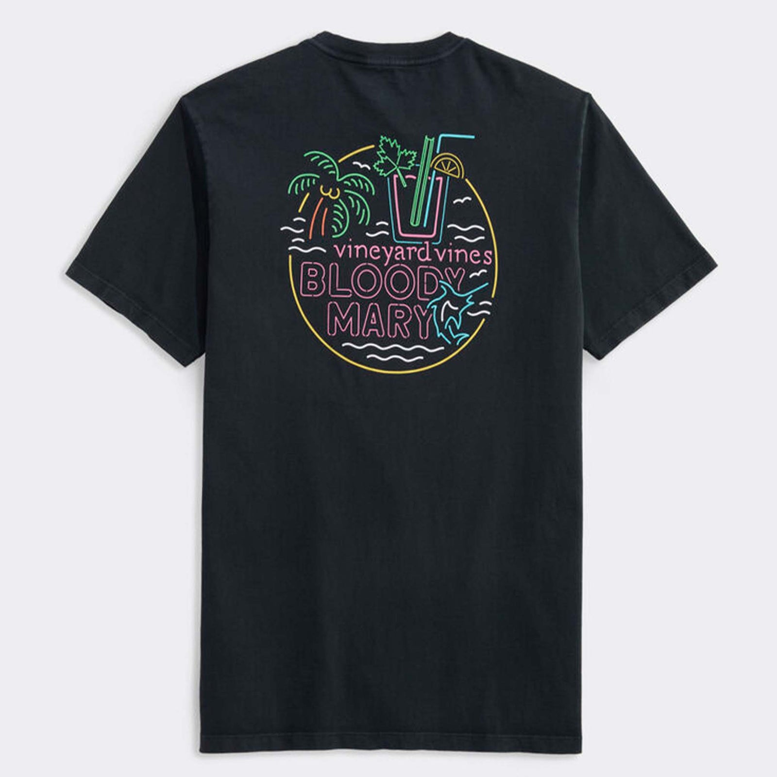 Vineyard Vines Drift Dye Neon Vacation Mode Short Sleeve T-Shirt with a colorful drift-dye pattern and a neon-style graphic on the back that reads 'Vineyard Vines Bloody Mary,' resembling a glowing vacation bar sign. Features a classic crew neck and short sleeves for relaxed, casual wear.
