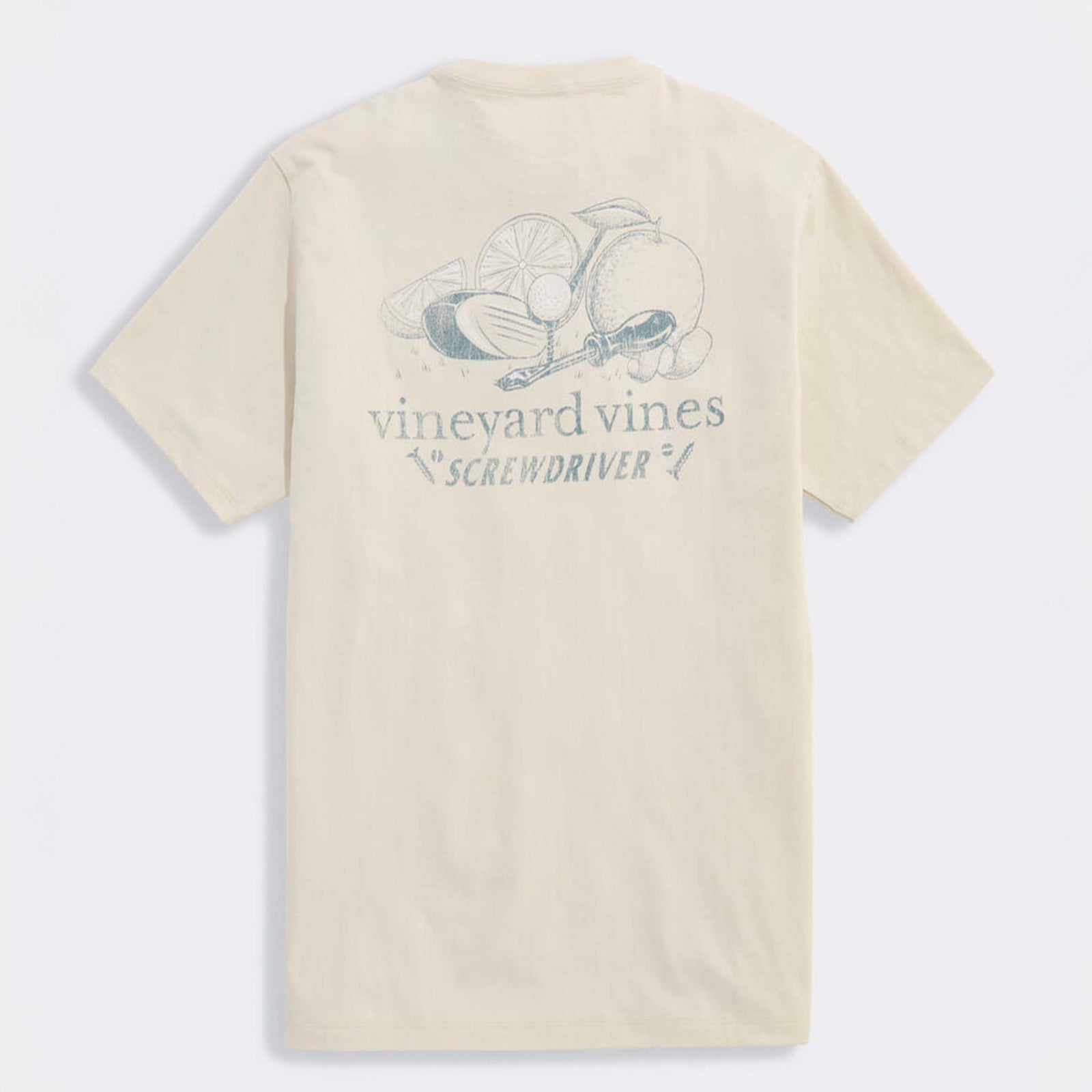 Back view of cream Vineyard Vines t-shirt with light blue sketch-style graphic of citrus slices, golf ball, and screwdriver. Text reads “vineyard vines Screwdriver.”