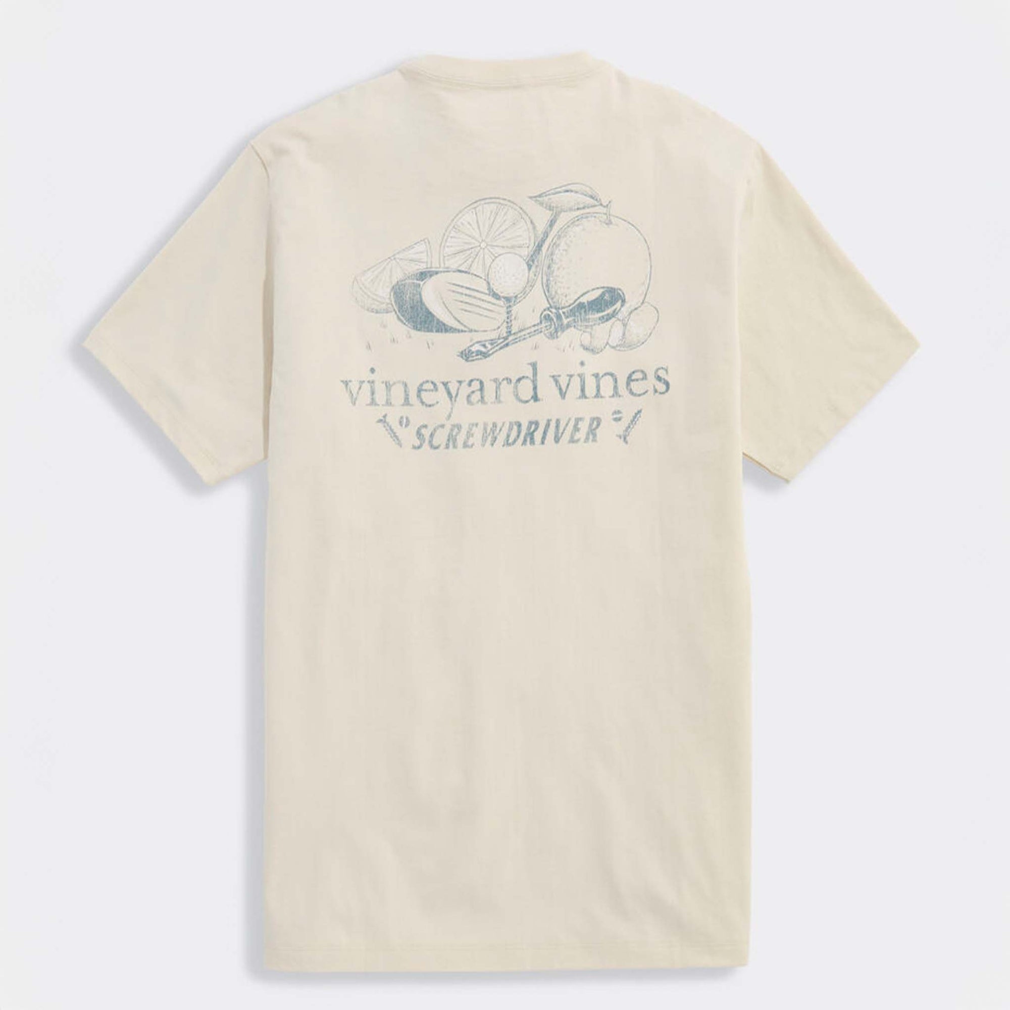 Back view of cream Vineyard Vines t-shirt with light blue sketch-style graphic of citrus slices, golf ball, and screwdriver. Text reads “vineyard vines Screwdriver.”