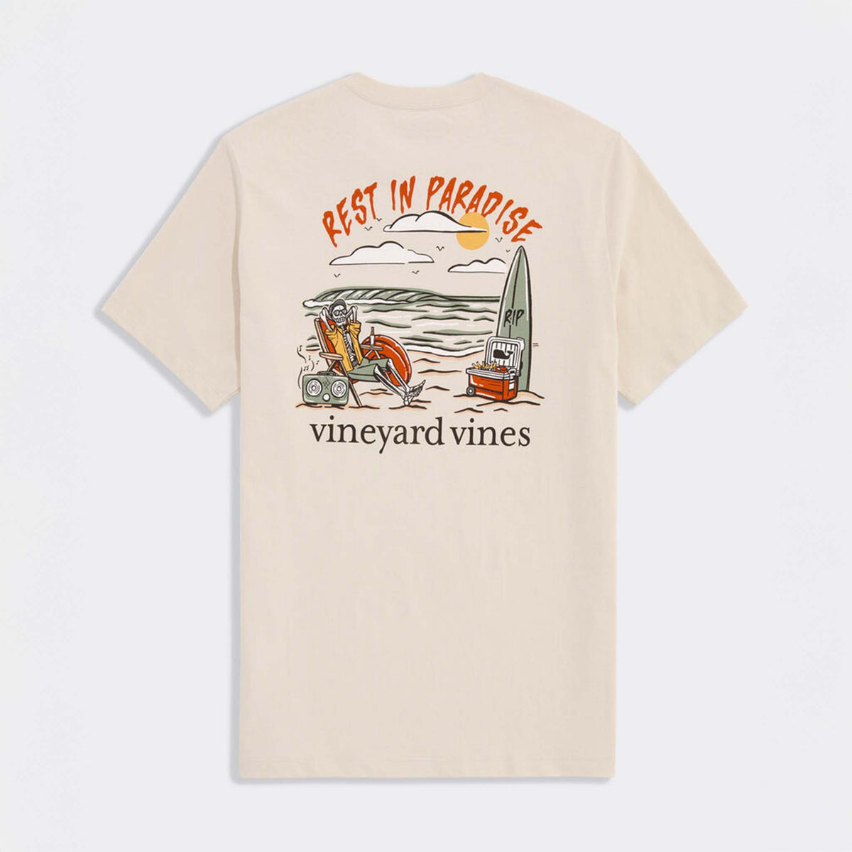 Back view of stone Vineyard Vines t-shirt with large “Rest in Paradise” beach graphic featuring skeleton lounging by the ocean.
