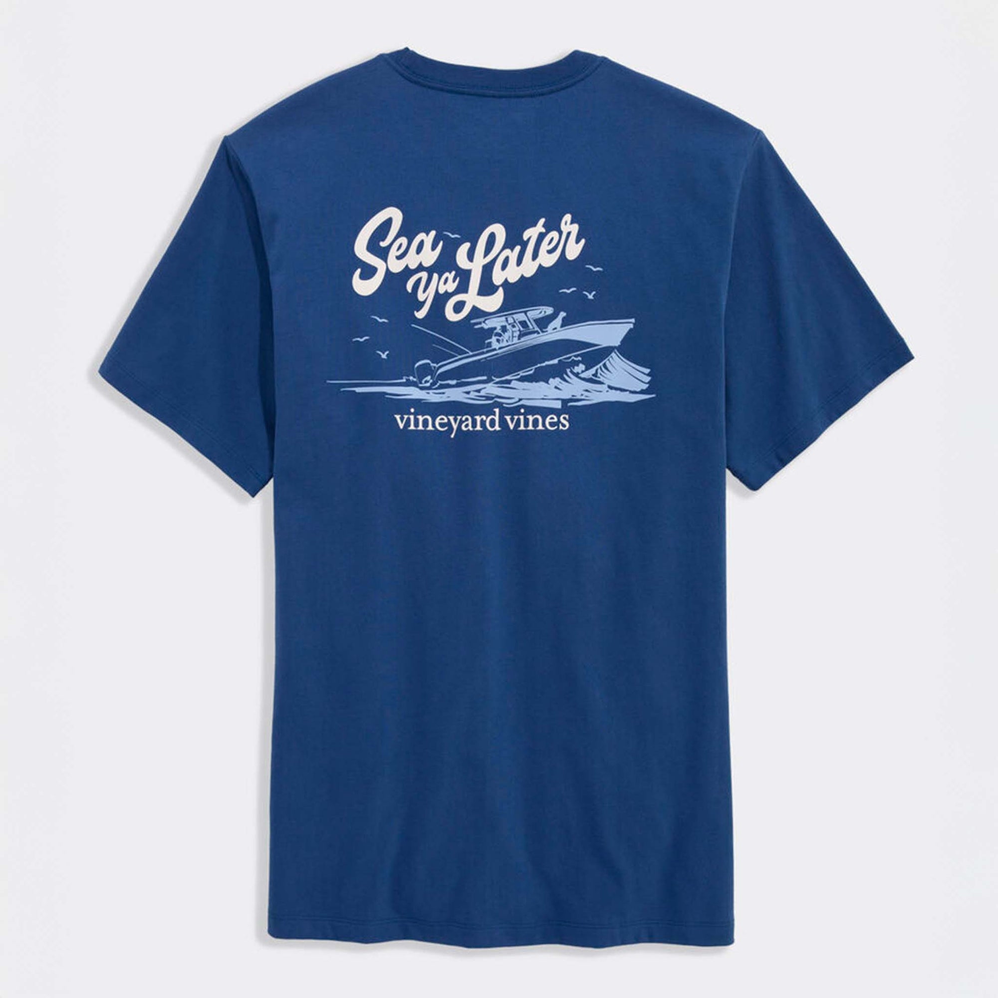 Blue t-shirt with 'Sea Ya Later' graphic and 'vineyard vines' branding on a light gray background