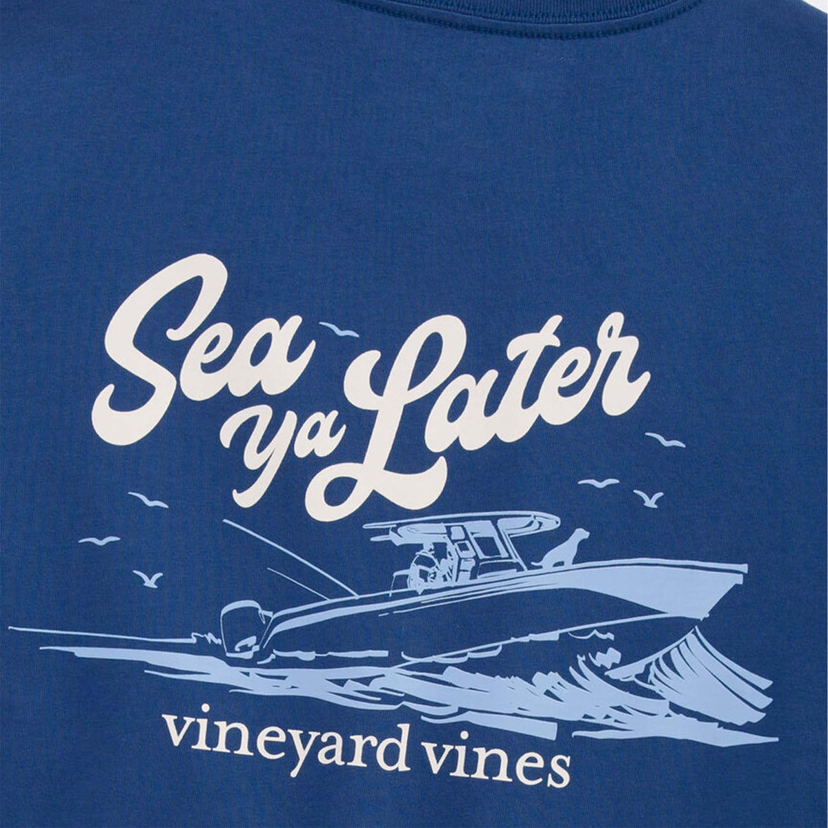 Blue t-shirt with 'Sea Ya Later' graphic and vineyard vines branding